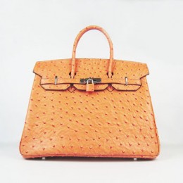 Hermes Birkin 35Cm Ostrich Stripe Handbags Orange Silver